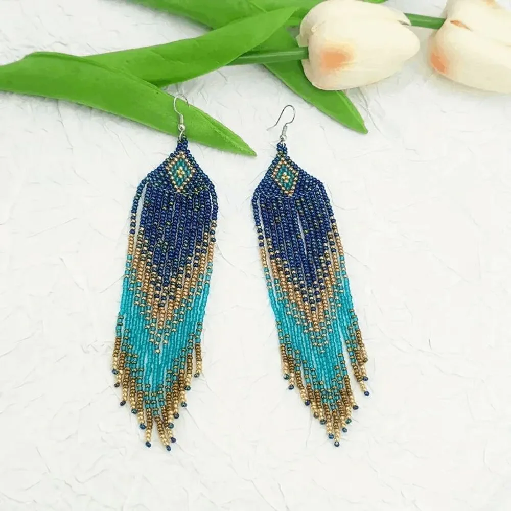 Tribal Boho Style Beaded Tassel Dangle Earrings